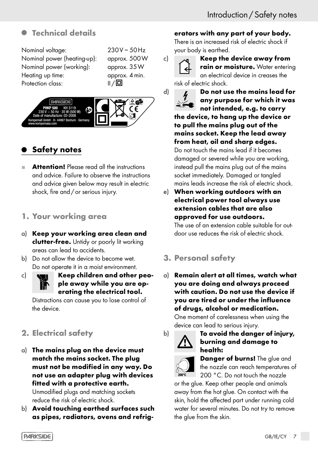 Kompernass PHKP 500 Introduction / Safety notes, Technical details, Your working area, Electrical safety, Personal safety 